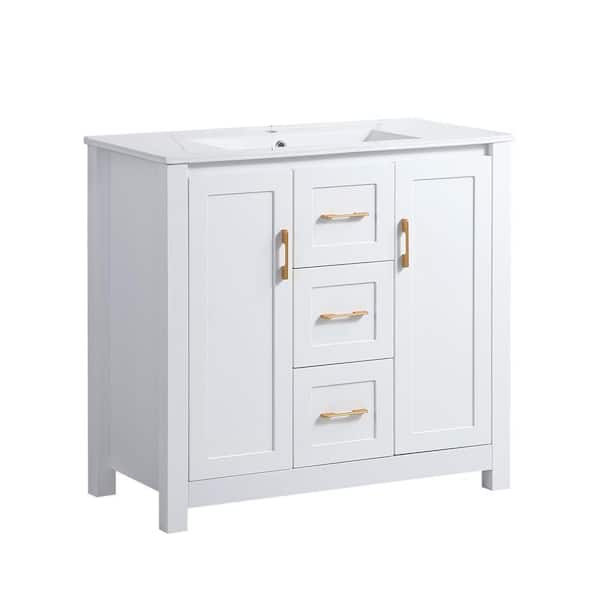 Xuanlur 36in White Bathroom Vanity with Ceramic Sink Combo, MDF Wood White 2 Doors and 3 Drawer, Multifunctional Storage
