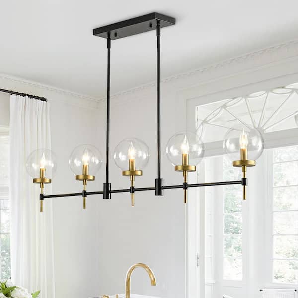 5-Light Black Gold Mid-Century Modern Linear Chandelier for Kitchen Island With Clear Glass Shade, No Bulbs Included