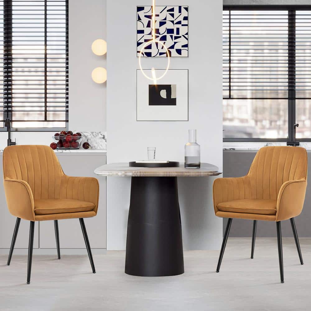 Modern Living Dining Room Accent Arm Chairs with Metal Black Legs, (Set of 