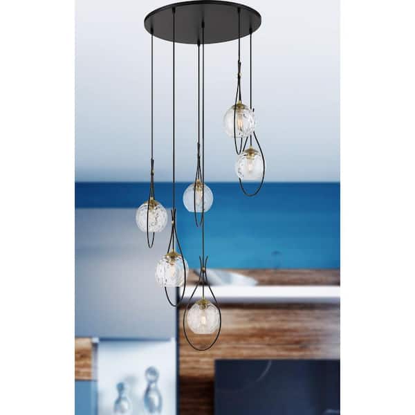 Cody 6-Light Black and Soft Brass Pan Pendant Light with Clear Water Glass Shades