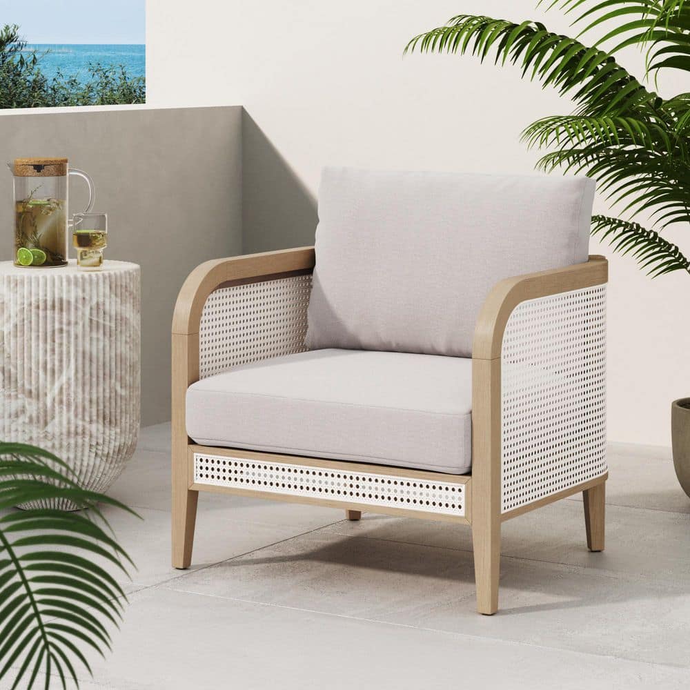 Twila Bohemian Solid Acacia Wood Frame Upholstered Outdoor Lounge Chair with Linen Gray Cushion and Rattan Arm Accent price history on PriceWatchPro
