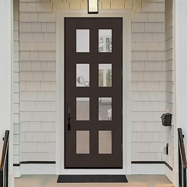 Regency 42 in. x 96 in. 8L Modern Clear Glass LHOS Hickory Stained Fiberglass Prehung Front Door w/6 in. Jamb