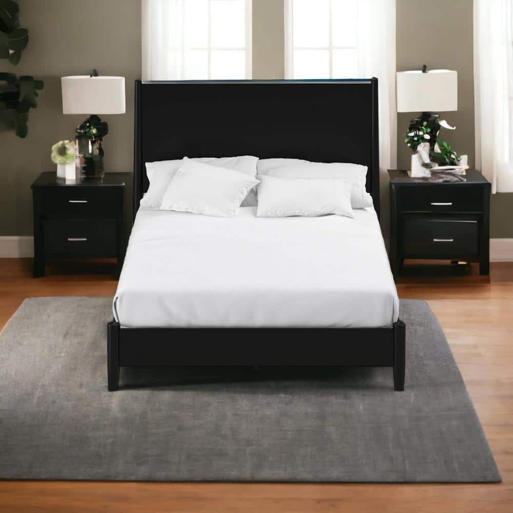King Black Solid Wood Panel Bed with Slats