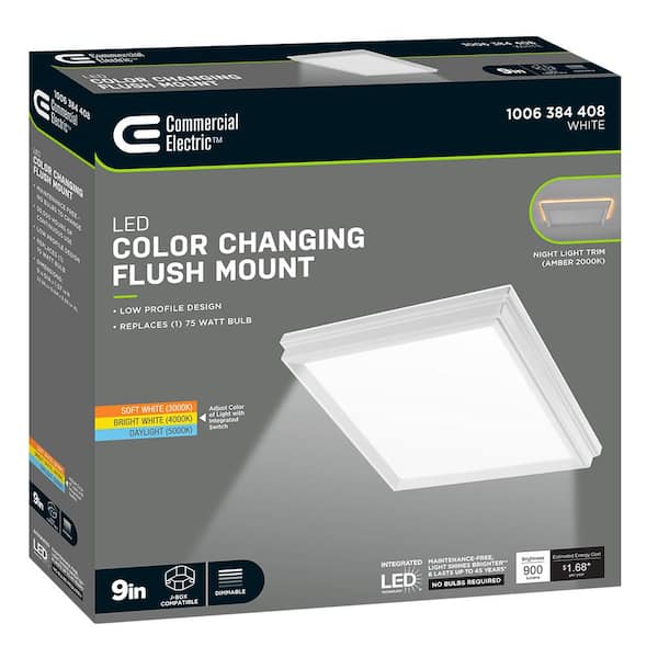 Commercial Electric Low Profile 9 in. White Square LED Flush Mount with  Night Light Feature J-Box Compatible Dimmable 900 Lumens 564151110 - The  Home Depot
