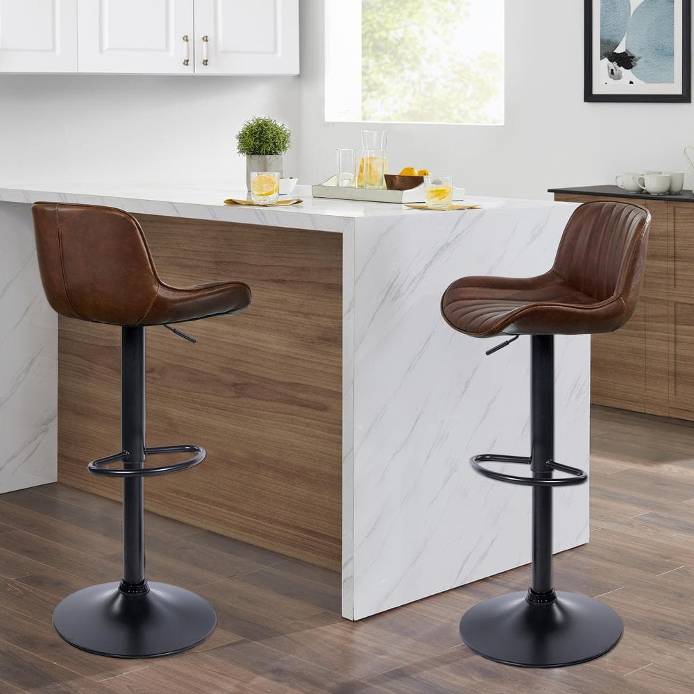 Cognac Elegance Adjustable Swivel Barstool Set in Faux Leather