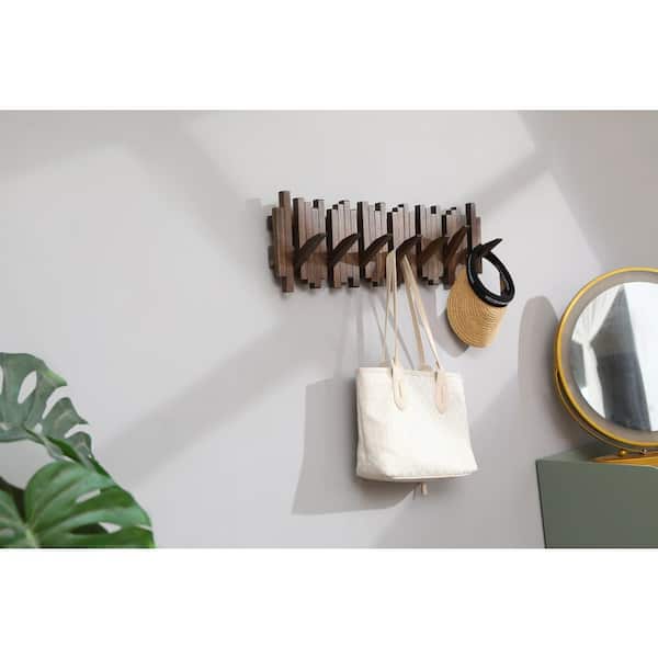 24.8 in. x 8.7 in. Wall Mounted Natural Wood Piano Coat Rack with 7 Hooks, Entryway Wall Art Hook, Walnut