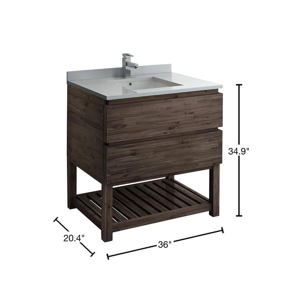 Elegant Acacia Wood 36" Vanity with Quartz Top and Open Shelf