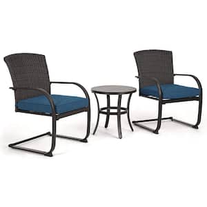 Black Full-Iron Metal Outdoor Chatting Table and Lounge Chair Set with Detachable Peacock Blue Cushions (2-Pack)