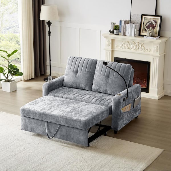 Nestfair 53.9 in. Gray Chenille Pull Out Twin Size Sofa Bed with Adjustable Backrest, Two Cup Holders and Charging Ports