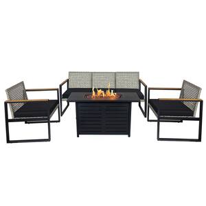 5-Piece Conversation Patio Set with Black Metal Fire Pit table Comes With Black Cushions.