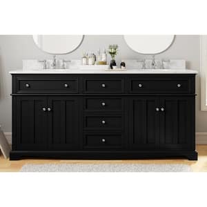 Fremont 72 in. Double Sink Black Bath Vanity with White Engineered Marble Top (Assembled)