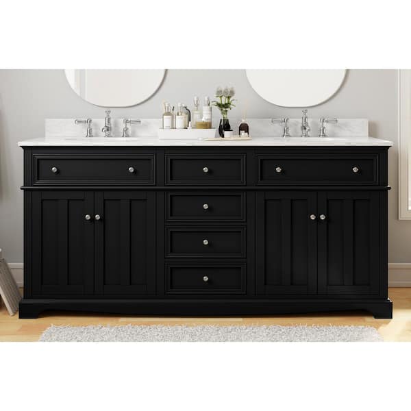Home Decorators Collection Fremont 72 in W x 22 in D x 34 in H Double Sink Bath Vanity in Black With Engineered White Marble Top