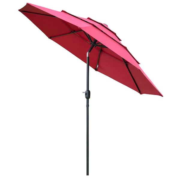 Sudzendf 9 ft. Steel 3 Tiers Market Patio Umbrella in Red with Crank, Push Button Tilt