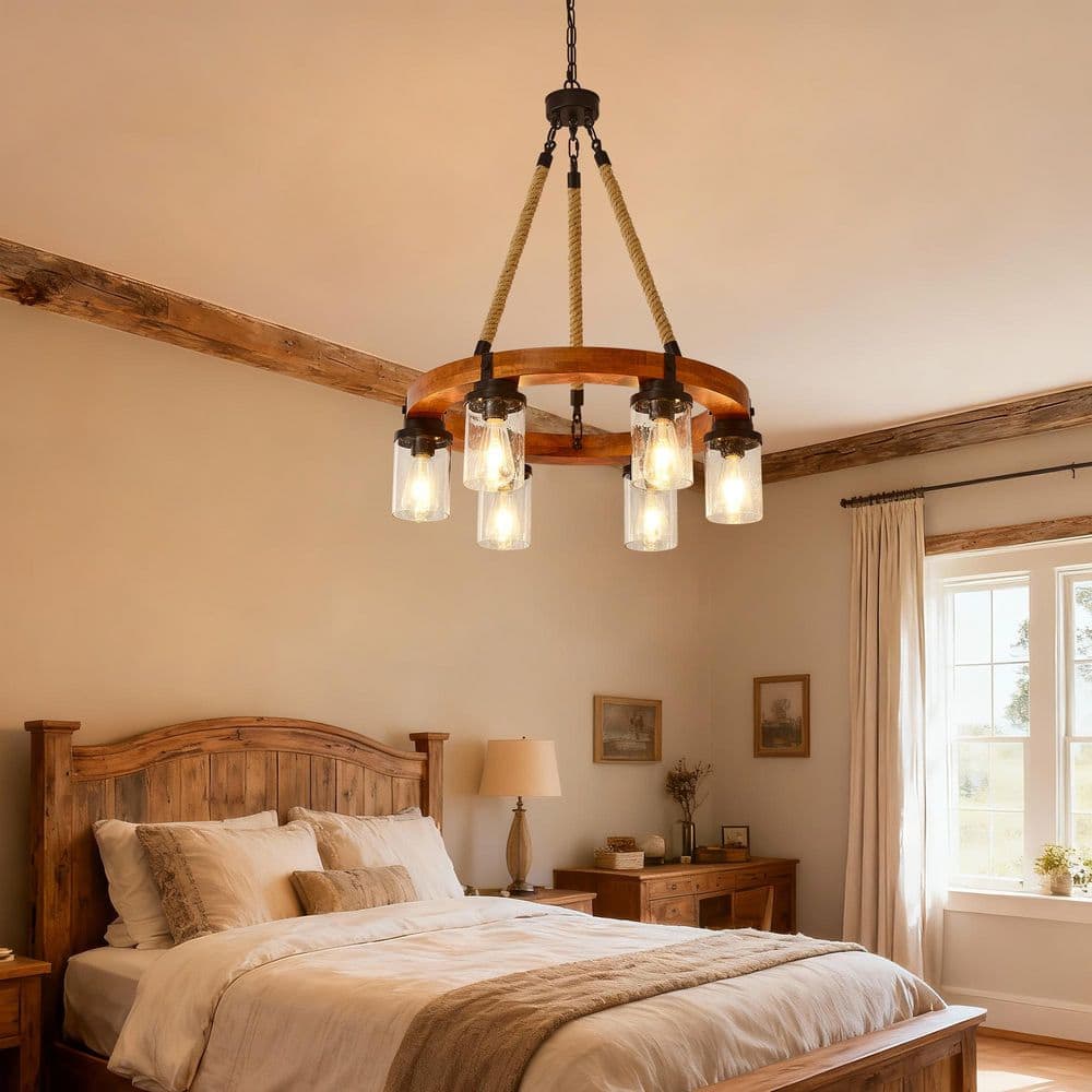 60-Watt 6 Light Round Wood Chandelier with Seeded Glass Shade for Kitchen Island Foyer Entryway, No Bulbs Included price history on PriceWatchPro
