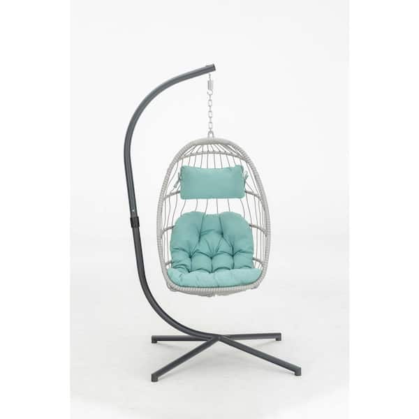Miscool Anky 54.7 in. W 2-Person Brown Wicker Porch Swing Hanging Egg Chair with Stand, Light Blue Cushions