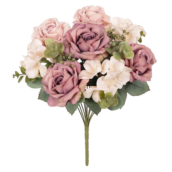 19 in. Dusty Mauve Artificial Elegant Rose Hydrangea Flower Stem Bush Bouquet (Set of 2)