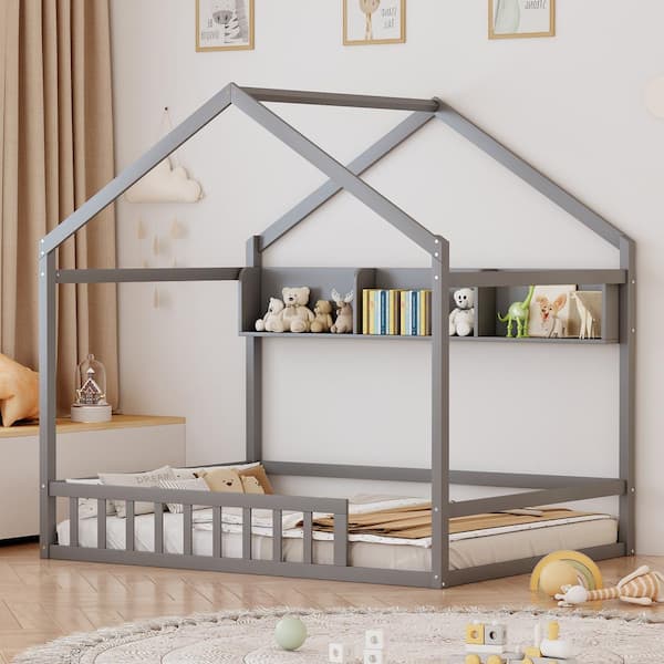 Harper & Bright Designs Gray Full Size Wood House Bed with Fence, Roof and Storage Shelf