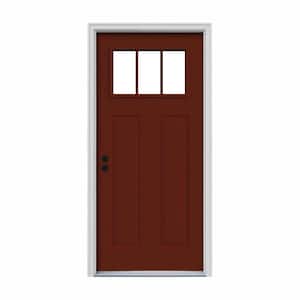 34 in. x 80 in. 3 Lite Craftsman Mesa Red Painted Steel Prehung Right-Hand Inswing Front Door w/Brickmould