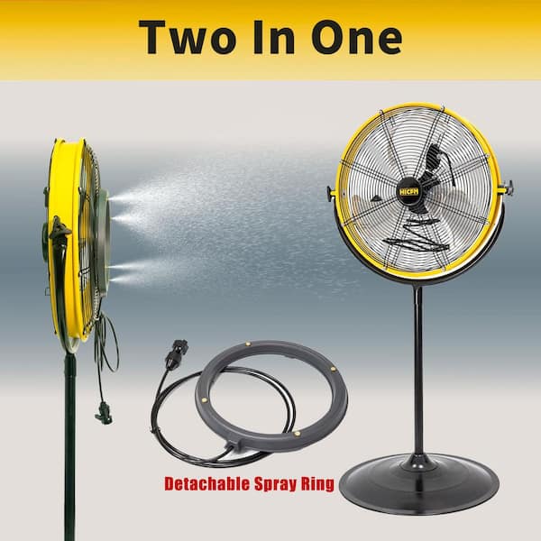 HICFM 20 in. Yellow 4400 CFM Outdoor Misting Pedestal Fan with IP44 Motor, Mist Kit, GFCI Plug, 120° Tilt - UL Listed