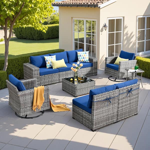 Howell 9-Piece Wicker Outdoor Furniture Patio Conversation Sofa Set with Swivel Rocking Chairs and Navy Blue Cushions