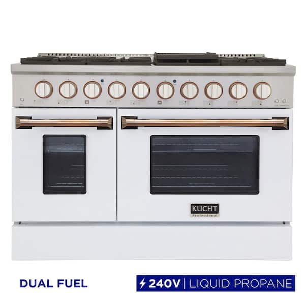48 in. 6.7 cu. ft. LP Ready Double Oven Dual Fuel Range with Gas Stove and Electric Oven in White and Gold