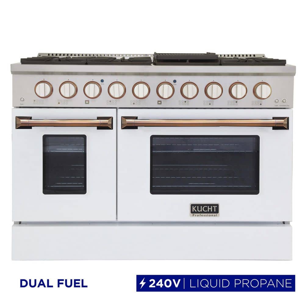 48 in. 6.7 cu. ft. LP Ready Double Oven Dual Fuel Range with Gas Stove and Electric Oven in White and Gold price history on PriceWatchPro