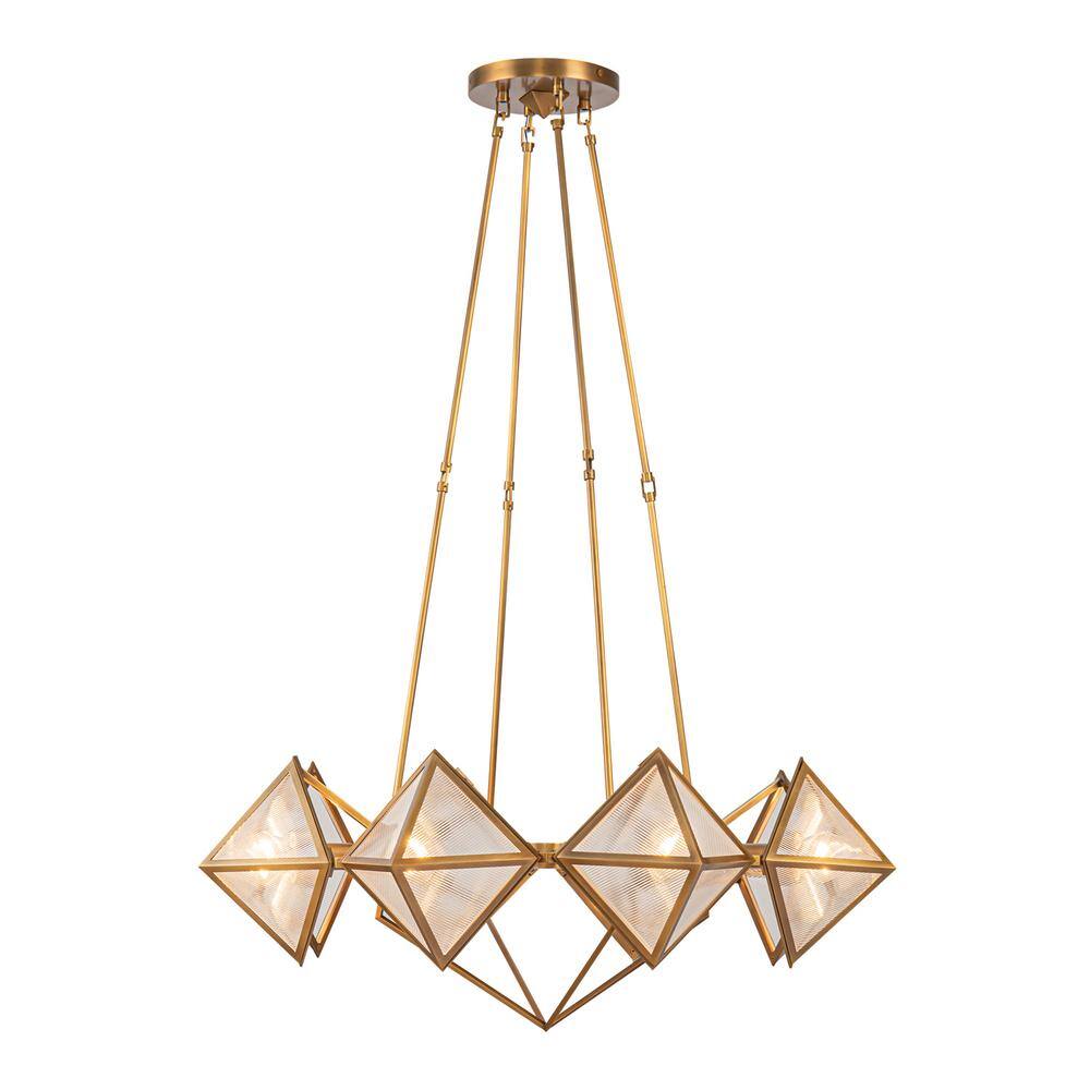 Vintage Brass Geometric 8-Light Chandelier with Ribbed Glass