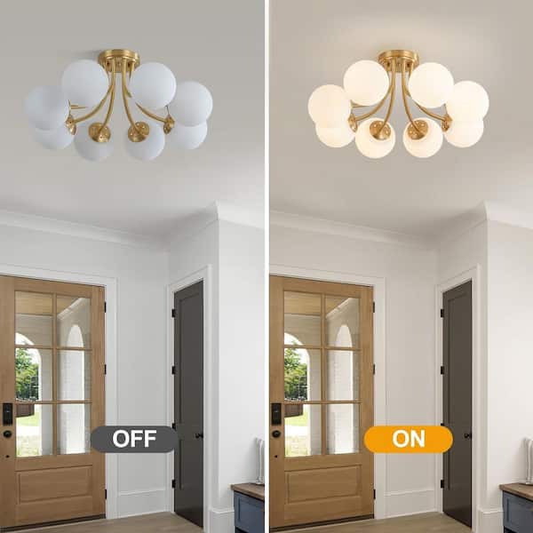 26.38 in. 8-Light Brass Modern Semi-Flush Mount Ceiling Light Fixture Mid Century Globe Chandelier with Milk Glass Shade