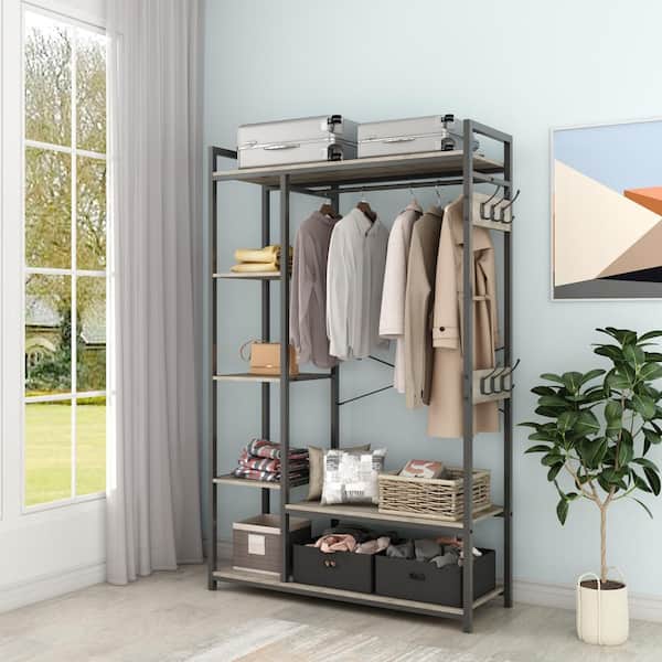 Free Standing Closet Organizer, Entryway Bench with Coat Rack freestanding, Metal  Garment Rack with 5 Hooks Shelves for Hanging Clothes and Storage, Open Wardrobe  Rack for Bedroom Living Room Entryway-Black