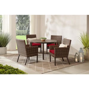Fernlake Brown Wicker Outdoor Patio Stationary Dining Chair with CushionGuard Chili Red Cushions (2-Pack)