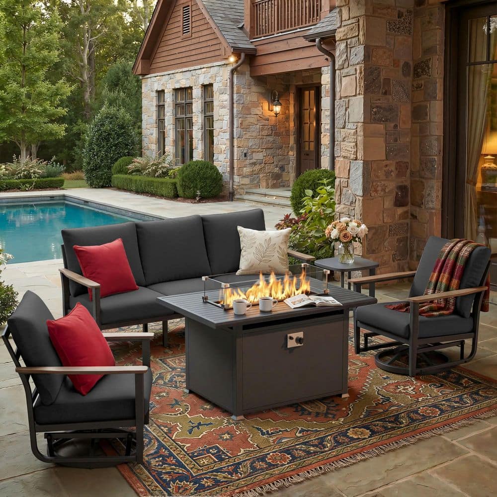 5-Piece Patio Conversation Set with 55000 BTU Fire Table, 3-Seat Sofa, 2 Swivel Rockers, Side Table, Dark Gray Cushions price history on PriceWatchPro