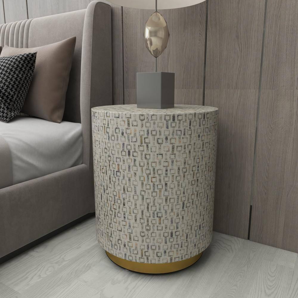 White Round Wood and Metal Accent Table with Pearl Inlays
