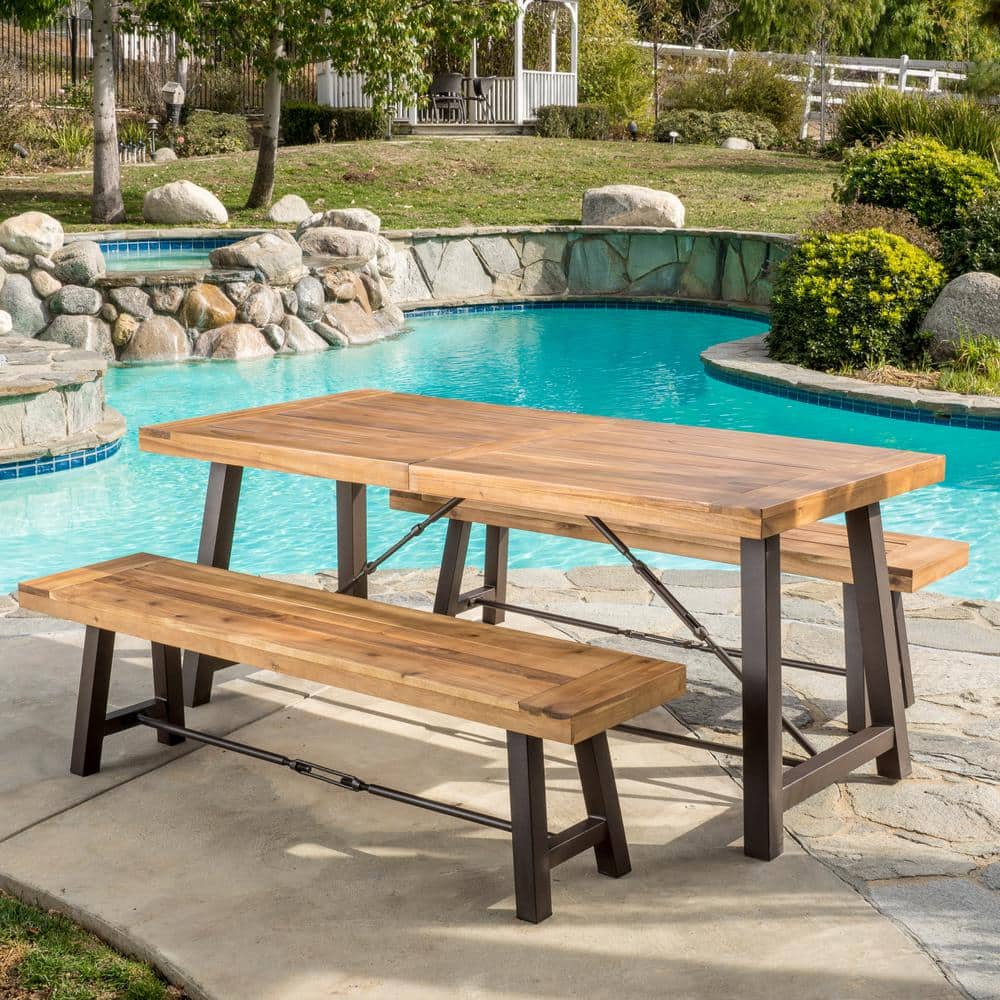 Acacia Wood and Iron 3-Piece Picnic Dining Set