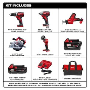 M18 18V Lith-Ion Cordless Combo Kit (5-Tool) with (1) 3.0Ah and (1) 1.5Ah Battery, (1) Charger & Bit Set (100-Piece)