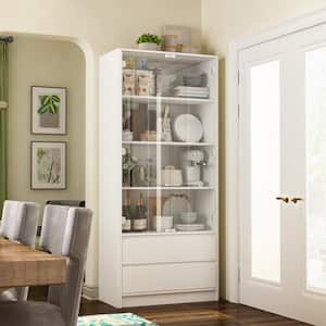 White Wood 31.5 in. W Sideboard Food Pantry Cabinet with Pop-up Tempered Glass Doors, Drawers, Adjustable Shelves