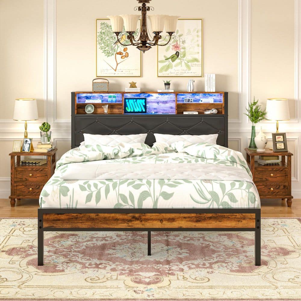 Bed Frame with Headboard, Brown Metal Frame Queen Platform Bed with USB Charging, LED Lights, No Box Spring Needed price history on PriceWatchPro
