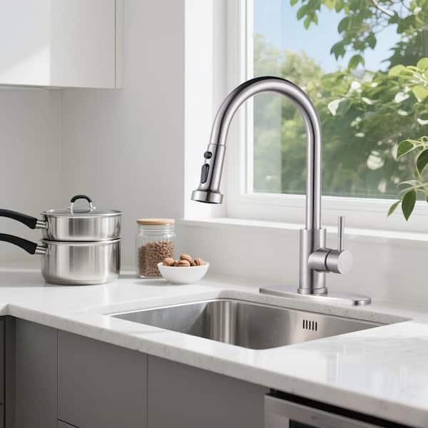 3-Mode Single Handle Pull Down Sprayer Kitchen Faucet with Deckplate in Brushed Nickel