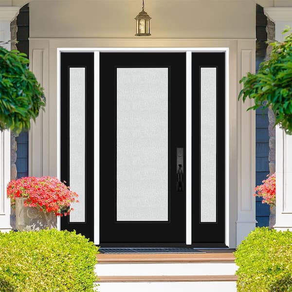 Legacy 64 in. x 80 in. Full Lite Rain Glass LHIS Primed Black Finish Fiberglass Prehung Front Door with Dbl 12 in. SL