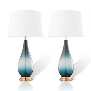 Calla 28 in. Gradient Green Glass and Bronze Base Indoor Table Lamp Set with Fabric Shade (Set of 2)