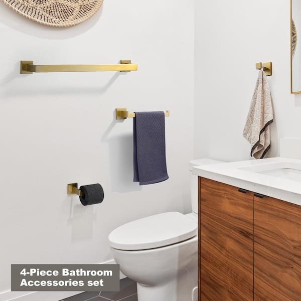 Stainless Steel 4 -Piece Bath Hardware Set with 2-Towel Bars, Toilet Paper Holder and Hook in Gold