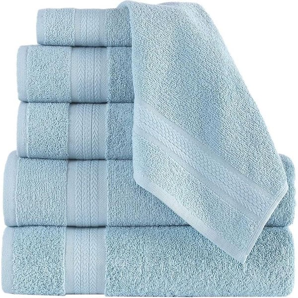 Unbranded Light Blue 100% Cotton 6 Piece Towel Set, 2 Bath Towels 2 Hand Towels 2 Washcloths