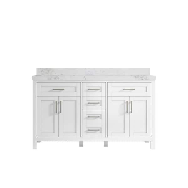 Willow Collections Cambridge 60 in. W x 22 in. D x 36 in. H Double Sink Bath Vanity in White with 2 in. Calacatta Nuvo Quartz Top
