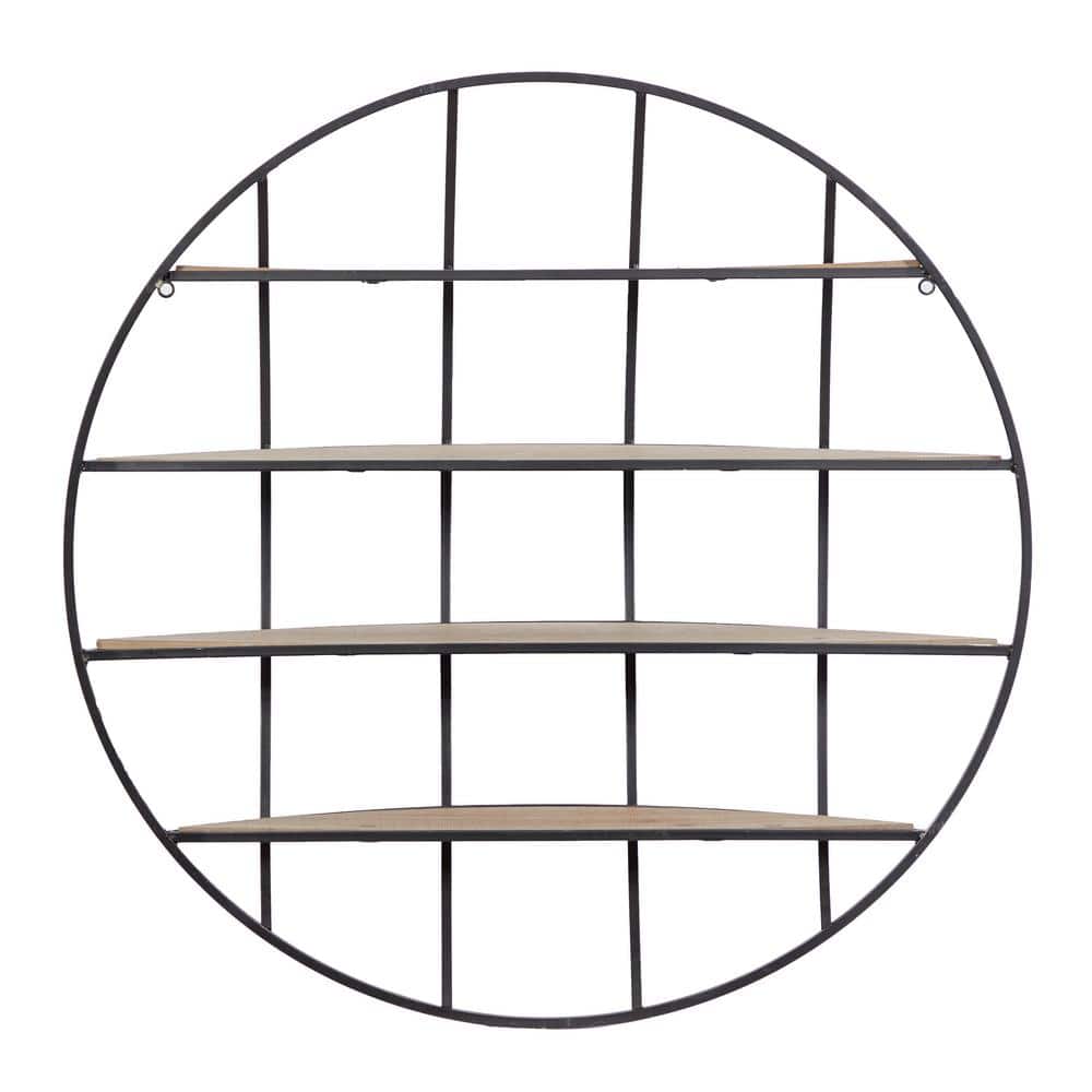 Rustic Iron and Wood 36" Geometric Round Floating Wall Shelf