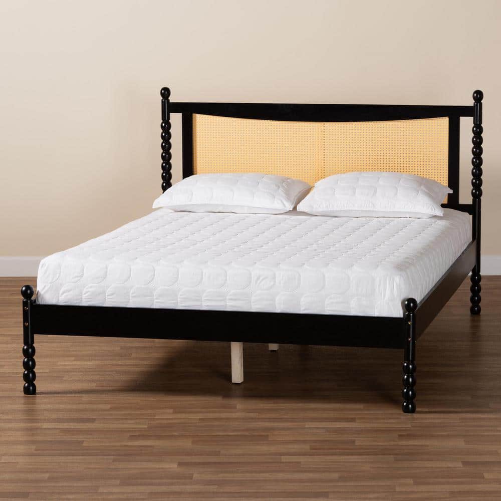 Okena Black Wood Queen Platform Bed with Woven Rattan Headboard