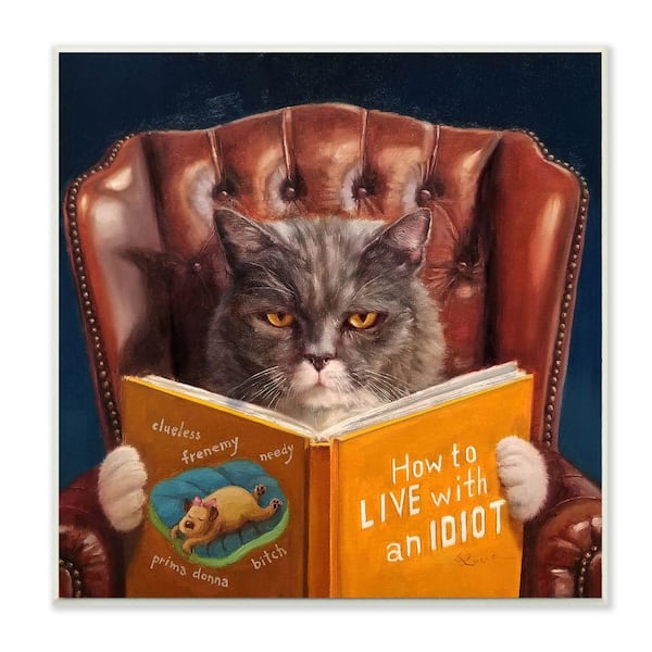 Stupell Industries "Angry Cat Reading Dog Book Feline Pet Humor" by Lucia Heffernan Unframed Animal Wood Wall Art Print 12 in. x 12 in.