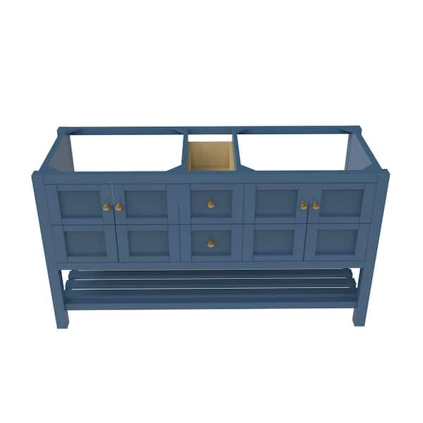 castellousa Alicia 59 in. W x 21.75 in. D x 32.75 in. H Bath Vanity Cabinet without Top in Matte Blue with Gold Knobs