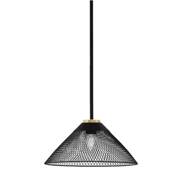 Unbranded Elonia 100-Watt 1 Light Matte Black & New Aged Brass Stem Mini Pendant Light with 14" Matte Black Cone Mesh Metal Shade
