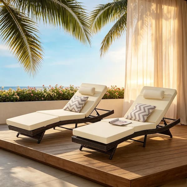 2-Piece Black and Brown Wicker Outdoor Chaise Lounge with 5-Position Adjustable Backrest and Pull-out Side Table