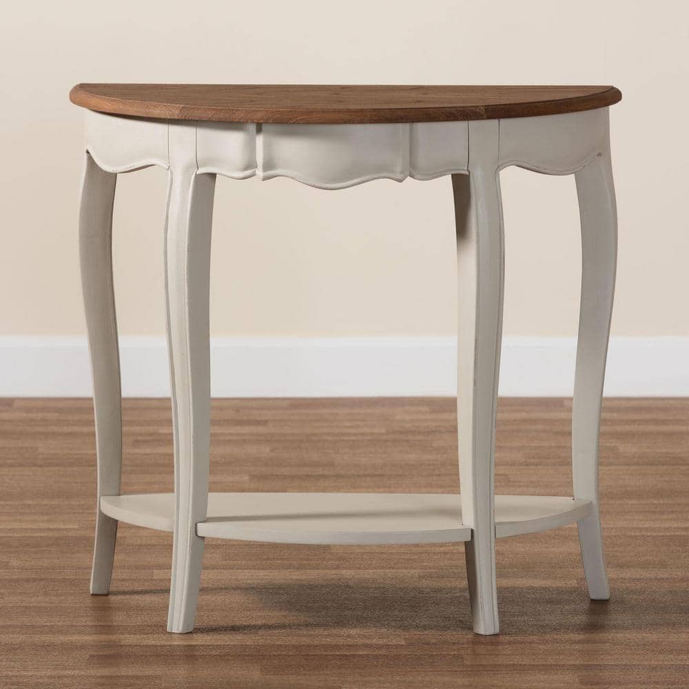 Cordelia 32" White and Natural Wood Demilune Console Table with Storage