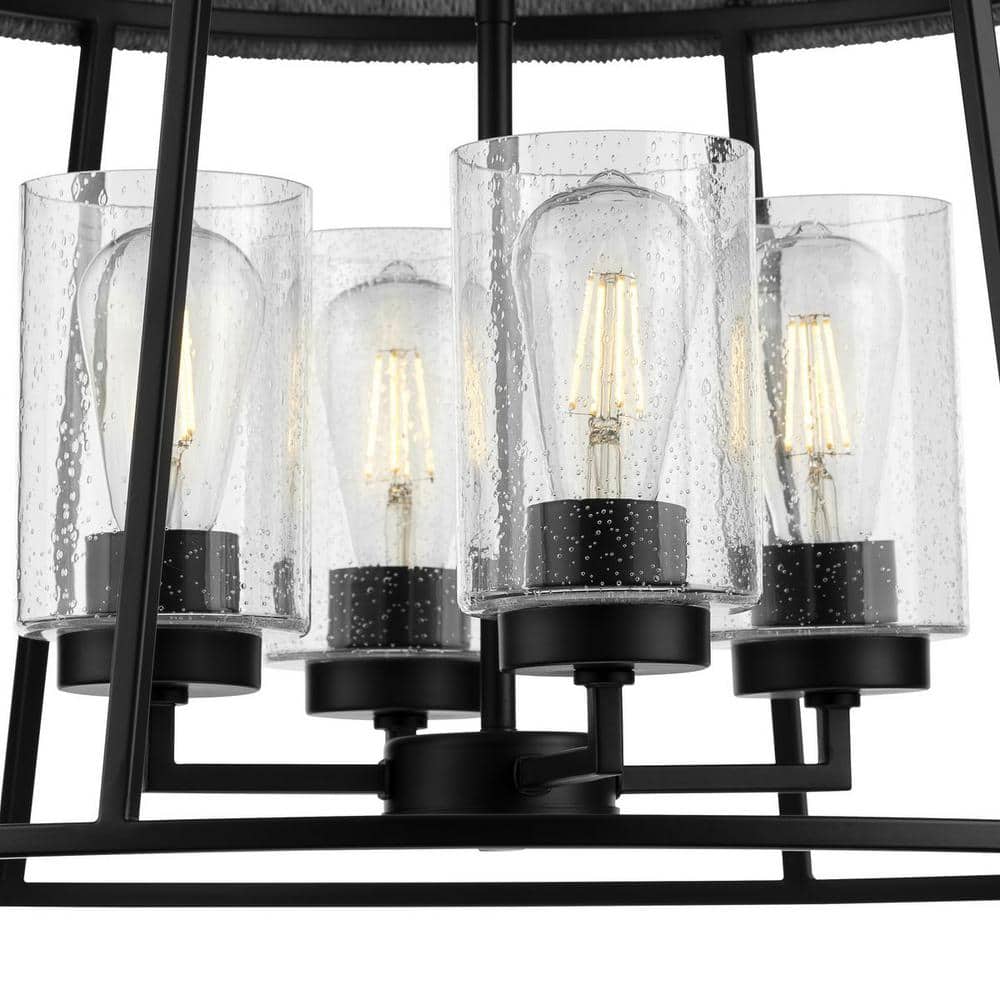 Matte Black 24" Cage Chandelier with Seeded Glass Shades